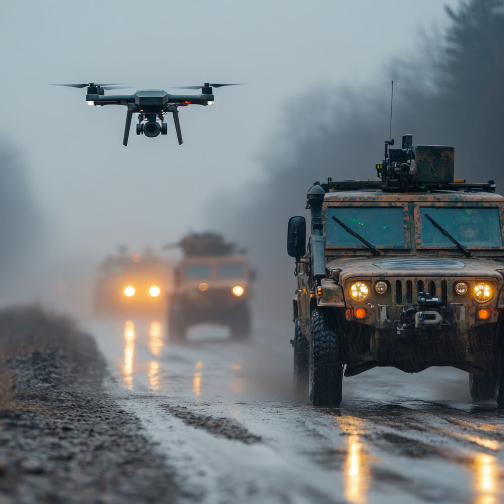 Military drone flying over a convoy patrolling a muddy road in the rain and fog