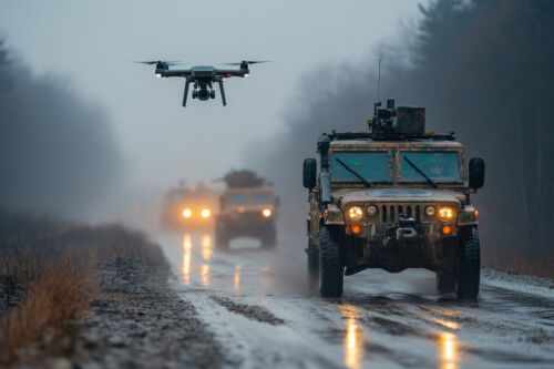 Military drone flying over a convoy patrolling a muddy road in the rain and fog